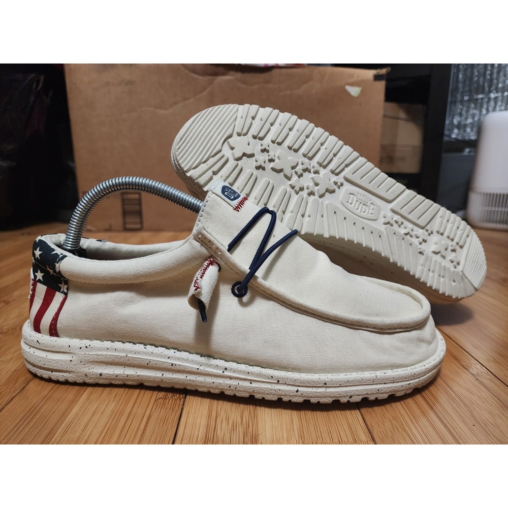 Hey Dude Wally Americana Men's 7 Off White Patriotic Stars Stripes Shoes Beach